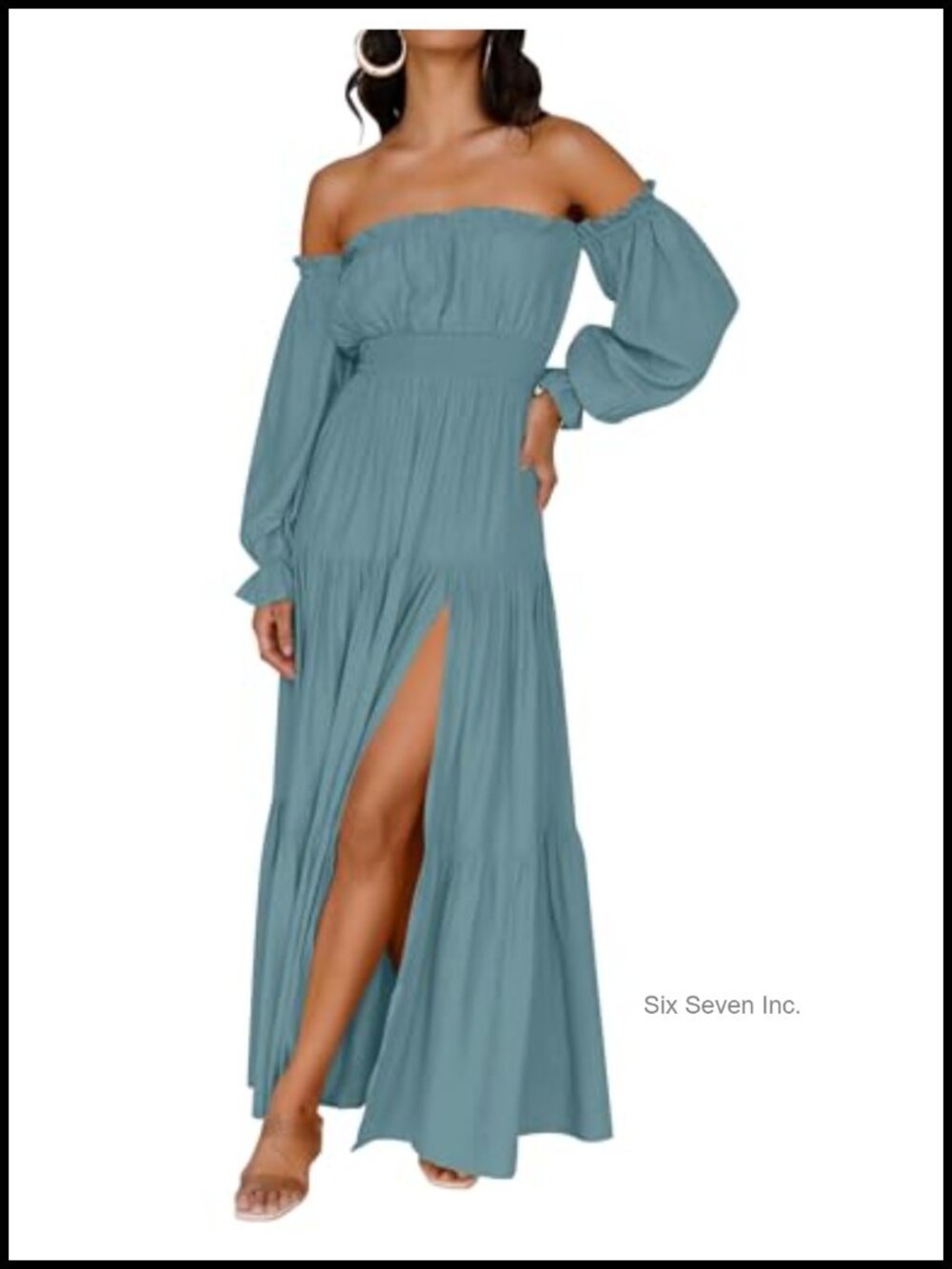 Off Shoulder Boho Maxi Dress Long Sleeve Ruffle High Slit